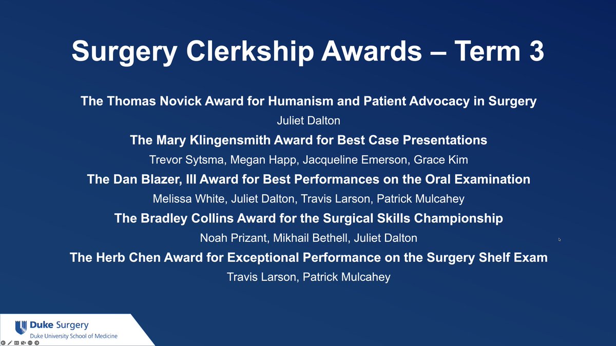 Congratulations to the following @DukeMedSchool students on their performance during the @DukeSurgery clerkship! We hope to see you back on service soon! @CoryJVatsaas @Qimeng6 @JMigaly  @blazer_trey @herbchen @meklingensmith