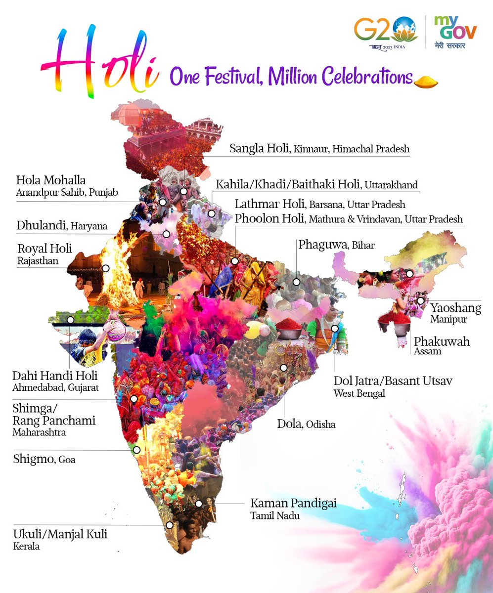 त्योहार एक, रंग अनेक! Celebrating Holi with the Mantra of #EkBharatShreshthaBharat #MyGov wishes all of you a very Happy Holi. @MinOfCultureGoI @PMOIndia @PIB_India