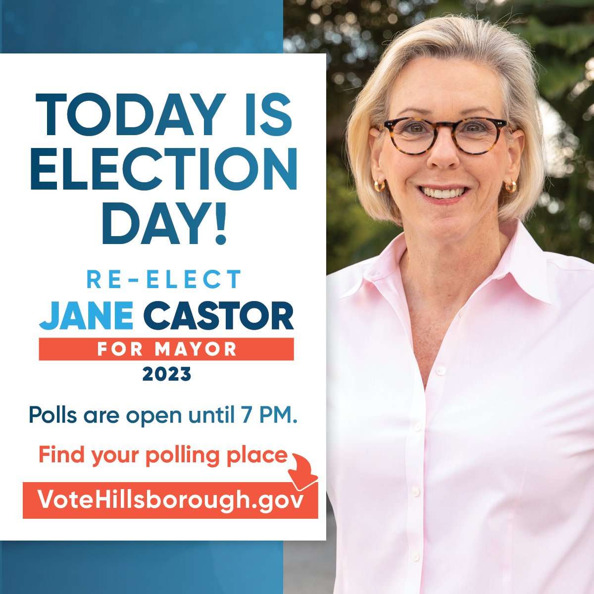 Tampa, today is Election Day! Let’s get out there and continue to uplift every neighborhood by re-electing Mayor Castor — polls are open until 7 PM. 

Visit VoteHillsborough.gov to find your precinct.