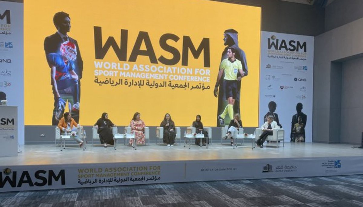 ingridvanherle's tweet photo. In good company @ the #WASM2023QATAR with Dr. Talar, Sustainability &amp; Environment S.M( SC) Nada M. Wafa (OLY); SG of QOC Athletes’ Commission_Dr. Batarfi, Head of Sport Management, University of Business &amp; Technology, Jeddah; Prof. Karen Danylchuk #womeninsports https://t.co/BEWRnS1dnm