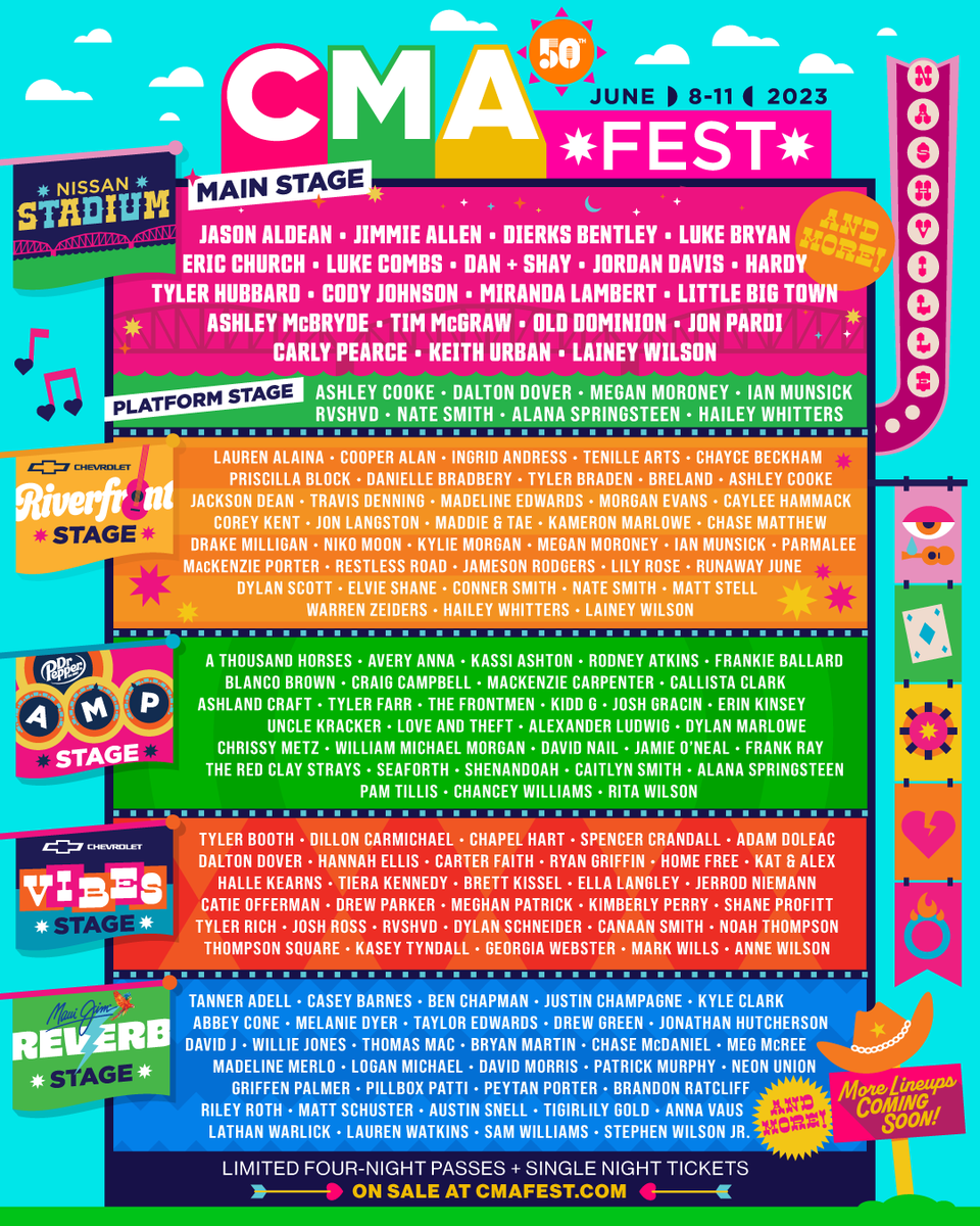 CountryMusic's tweet photo. #CMAfest, the longest-running Country Music festival in the world, is turning 50! 🤩🥳🙌 We are SO excited to celebrate with you - the BEST fans ever - in downtown #Nashville this summer with these stacked lineups! 🔥 

Buy stadium tickets today at https://t.co/rBbckYh5A8! https://t.co/VoWwTAo0Rx