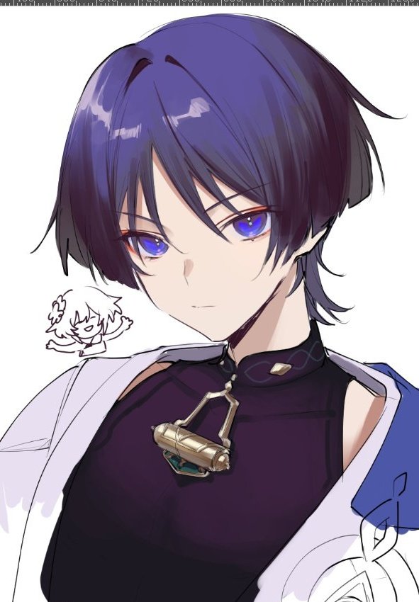 scaramouche (genshin impact) 1boy male focus white background bangs simple background purple hair closed mouth  illustration images