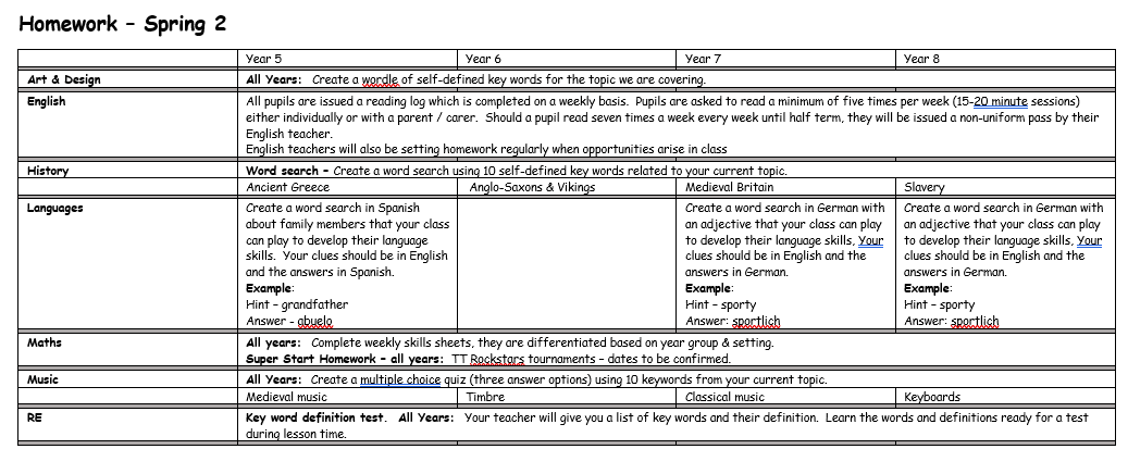 Homework for this half term. Thank you.
