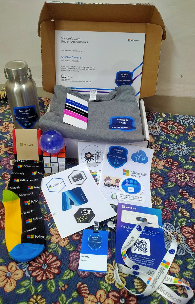 #Swag update: Just recieved the #MSFTStudentAmbassadors Beta swag kit. I'm grateful to @IamPablo & @skandrios22 for always guiding us through each step. I've learnt a lot while being a part of this awesome community & would try my level best to continue to #BeaForceforGood ❤️
