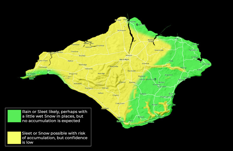 WEATHER: The @iwmetservice has issued a warning for snow on the Island overnight, Tuesday into Wednesday. This image shows where, if any, snow is likely to fall ❄☃ #isleofwight #iwsnow