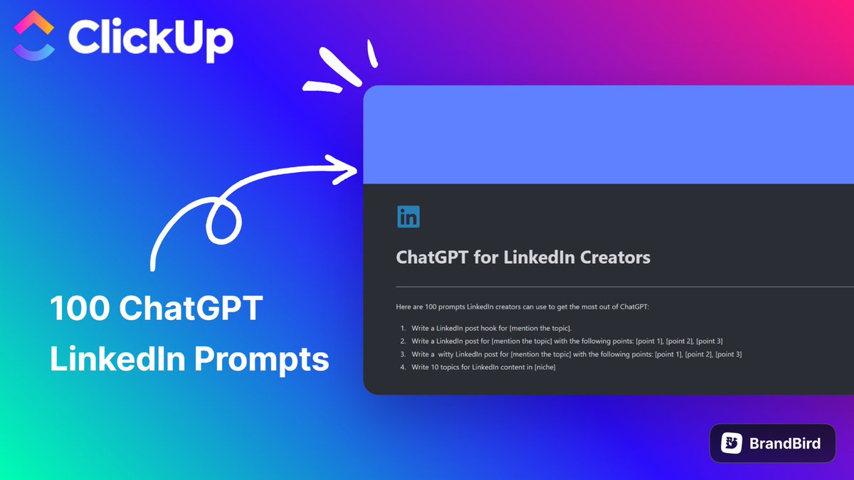 shushant_l's tweet image. LinkedIn can transform your life.

I&apos;ve prepared a ClickUp resource with ChatGPT prompts for LinkedIn.

It is for FREE.

But after 24 hours, it will cost $$$

To get it,
1. Like
2. Comment &apos;🥳&apos;
3. Retweet

I&apos;ll send it to you for FREE.

(must be following me)