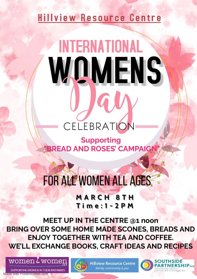 Join us for sandwiches, tea, coffee, recipe & book swap here in Hillview Centre tomorrow1-2pm to celebrate International Women's Day 🌹 🍞  Bring a friend 🥪 ☕ 
#familyresourceirl