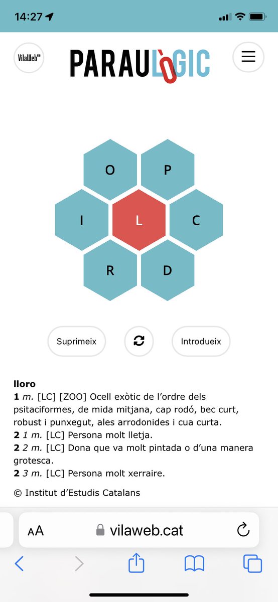 gimlou's tweet photo. M’agrada fer el @paraulogic i avui he trobat una entrada a la paraula “lloro” que m’ha cridat molt l’atenció. Molt fort!!! LLORO!! https://t.co/lj3f08bYqQ