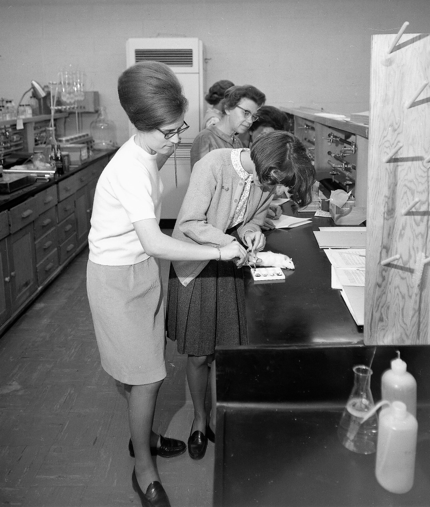 Students in lab,1966.  Clemson women students had separate regulations until the early 1970s, including a dress code that specified appropriate classroom dress and when they could wear "Sports attire," defined as "Bermuda shorts, pedal pushers, slacks, etc."  #WomensHistoryMonth