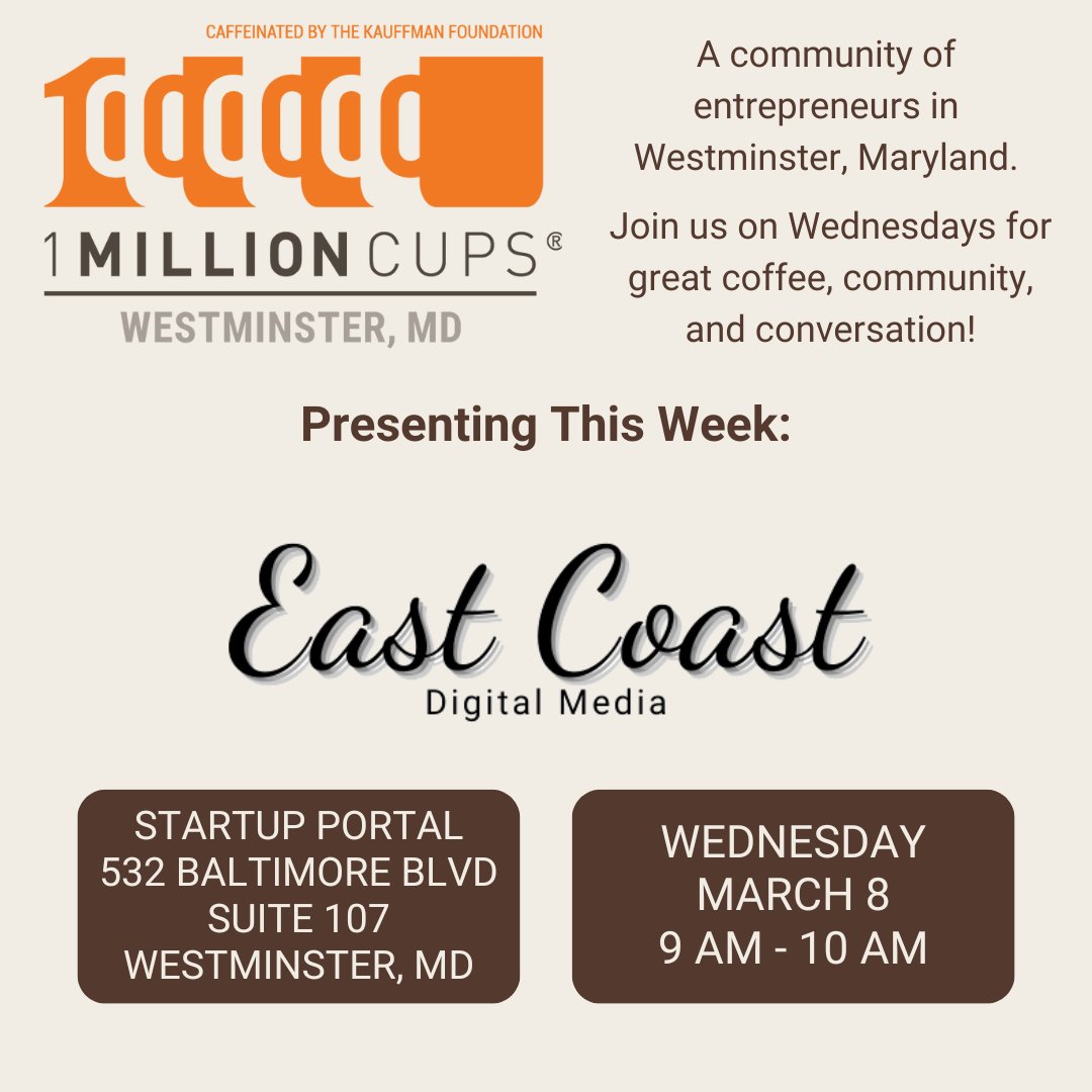 #1MillionCups #WestminsterMD is tomorrow at <a href="/StartupPortal/">Startup Portal</a>! We'll hear from East Coast Digital Media and all of the digital services they offer to businesses of all sizes. 

Don't miss it! Join us in person or tune in live on our Facebook livestream: facebook.com/1MCWestminster/