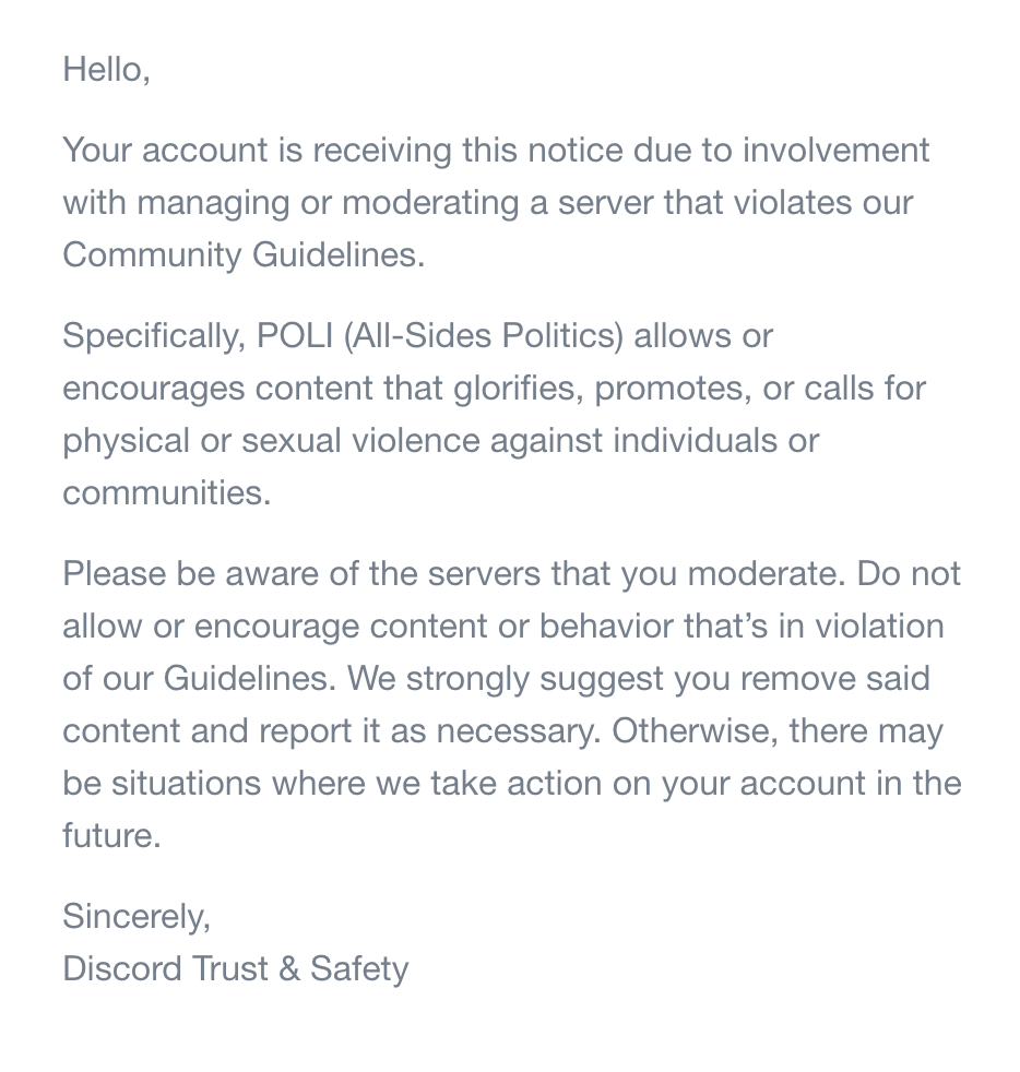 SuchInternets's tweet image. On February 27th, @discord unjustly perma-banned me and several others for having a Moderator role in a server called POLI (All-Sides Politics).

Most of us have been Discord users since at least 2017. We all were in good standing with no reports against us.  

--&amp;gt;THREAD