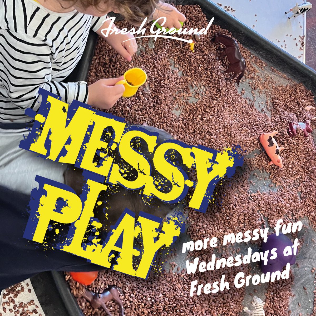 FreshGroundSE9's tweet photo. Messy Play Wednesday 10-11:30am - Lots of sensory fun without the pain of cleanup! Your kids will enjoy paints with rollers and stamps, coco pop digger land, lots of chalk playing, fake snow and more.  Only £2.50 (1.50 for extra children). https://t.co/llcy71s4Wa