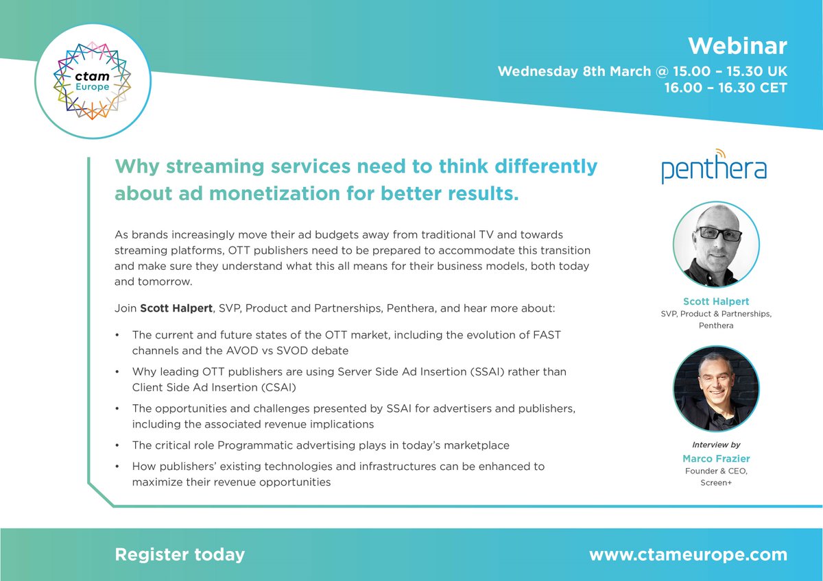 CTAM Europe (@ctame) on Twitter photo Don't miss tomorrow's joint <a href="/CTAME/">CTAM Europe</a> and <a href="/WeArePenthera/">Penthera</a> webinar. Registration open to non-members. <a href="/GigaEurope/">GIGAEurope</a> <a href="/CTAM/">CTAM</a> <a href="/CTAMCanada/">CTAM Canada</a>
conta.cc/3F1JdqC Don't miss tomorrow's joint <a href="/CTAME/">CTAM Europe</a> and <a href="/WeArePenthera/">Penthera</a> webinar. Registration open to non-members. <a href="/GigaEurope/">GIGAEurope</a> <a href="/CTAM/">CTAM</a> <a href="/CTAMCanada/">CTAM Canada</a>
conta.cc/3F1JdqC