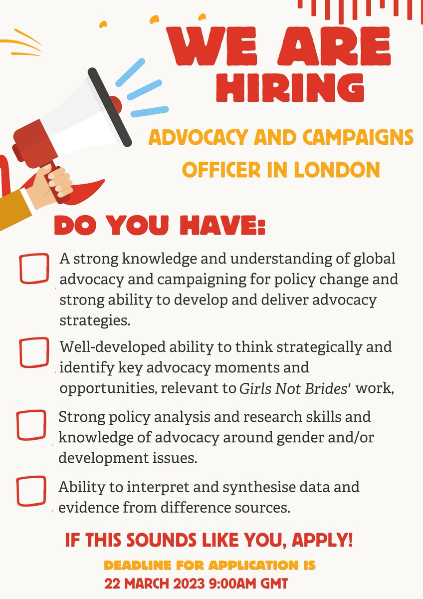 🚨#Opportunity #HiringAlert #GenderJobs #HumanRightsJobs
🗓️09:00 GMT 22 March 2023. 

📢The Advocacy and Campaigns Officer plays a central role in the delivery of a compelling global advocacy and campaigns agenda for Girls Not Brides. 

Apply now 👇
girlsnotbrides.livevacancies.co.uk/#/job/details/…