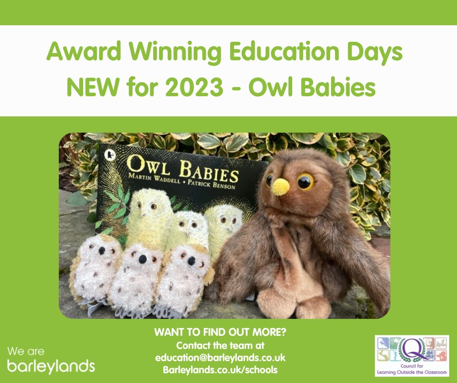 Barleylands Education (@barleylands) on Twitter photo New for 2023! The Classical story Owl Babies is a great way to learn about food chains, habitats, classification, and prediction. Children will explore our story sack, visit the owls & many animals on the farm.
Contact us at education@barleylands.co.uk to find out more! New for 2023! The Classical story Owl Babies is a great way to learn about food chains, habitats, classification, and prediction. Children will explore our story sack, visit the owls & many animals on the farm.
Contact us at education@barleylands.co.uk to find out more!