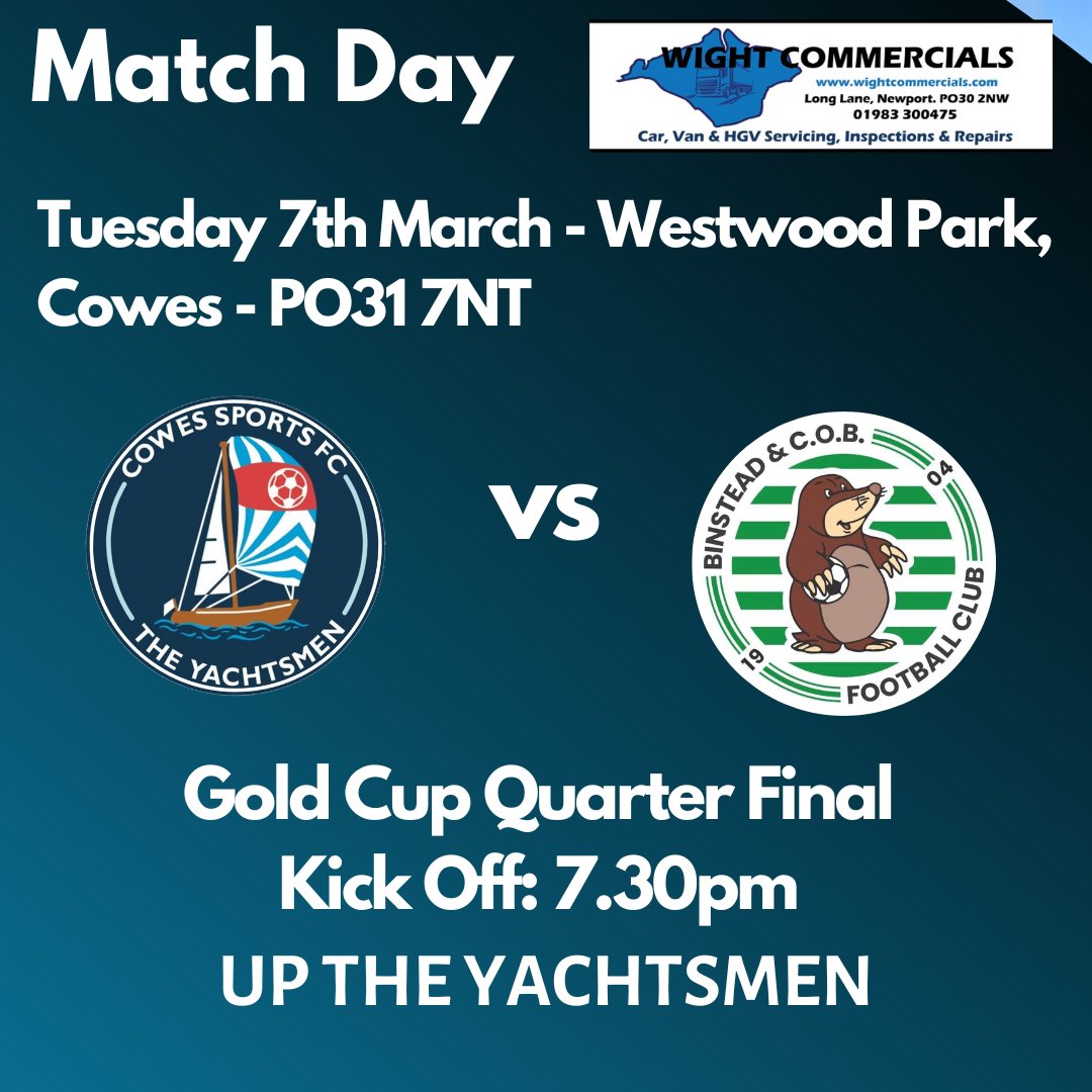 Cowes Sports FC - The Yachtsmen (@cowessportsfc) on Twitter photo GAME DAY!!!
We welcome <a href="/BinsteadCOBFC/">Binstead & COB FC</a> to Westwood for our Quarter-final Gold Cup match π
<a href="/WessexLeague/">Velocity Wessex League</a> <a href="/islandecho/">Island Echo - 24hr Isle of Wight News</a> <a href="/iwcpsport/">IWCP Sport</a> #GoldCup #NonLeagueFootball GAME DAY!!!
We welcome <a href="/BinsteadCOBFC/">Binstead & COB FC</a> to Westwood for our Quarter-final Gold Cup match π
<a href="/WessexLeague/">Velocity Wessex League</a> <a href="/islandecho/">Island Echo - 24hr Isle of Wight News</a> <a href="/iwcpsport/">IWCP Sport</a> #GoldCup #NonLeagueFootball
