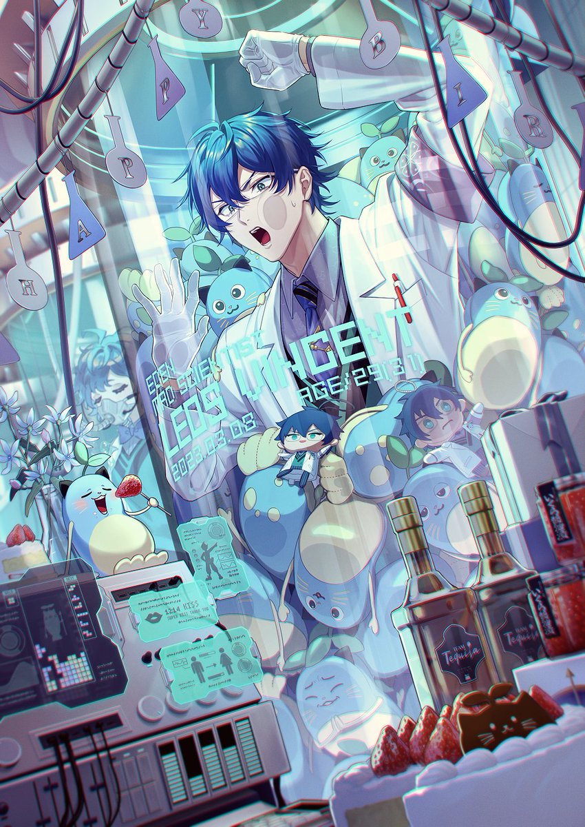 male focus food 1boy blue hair cake blue eyes open mouth  illustration images