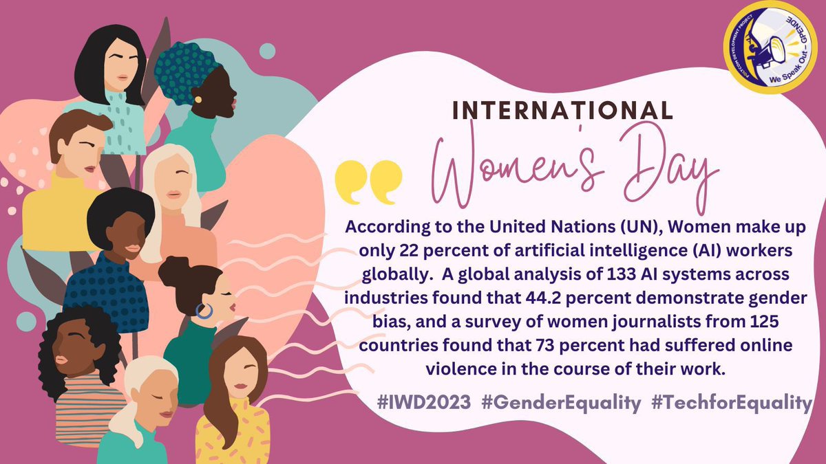 According to the United Nations (UN), women make up only 22 percent of artificial intelligence (AI) workers globally. 

#IWD2023 
#GenderEquality  
#TechforEquality
#Gpende
#Polycomspeaks @polycomdev 
@GenEqualityKe
@unwomenkenya