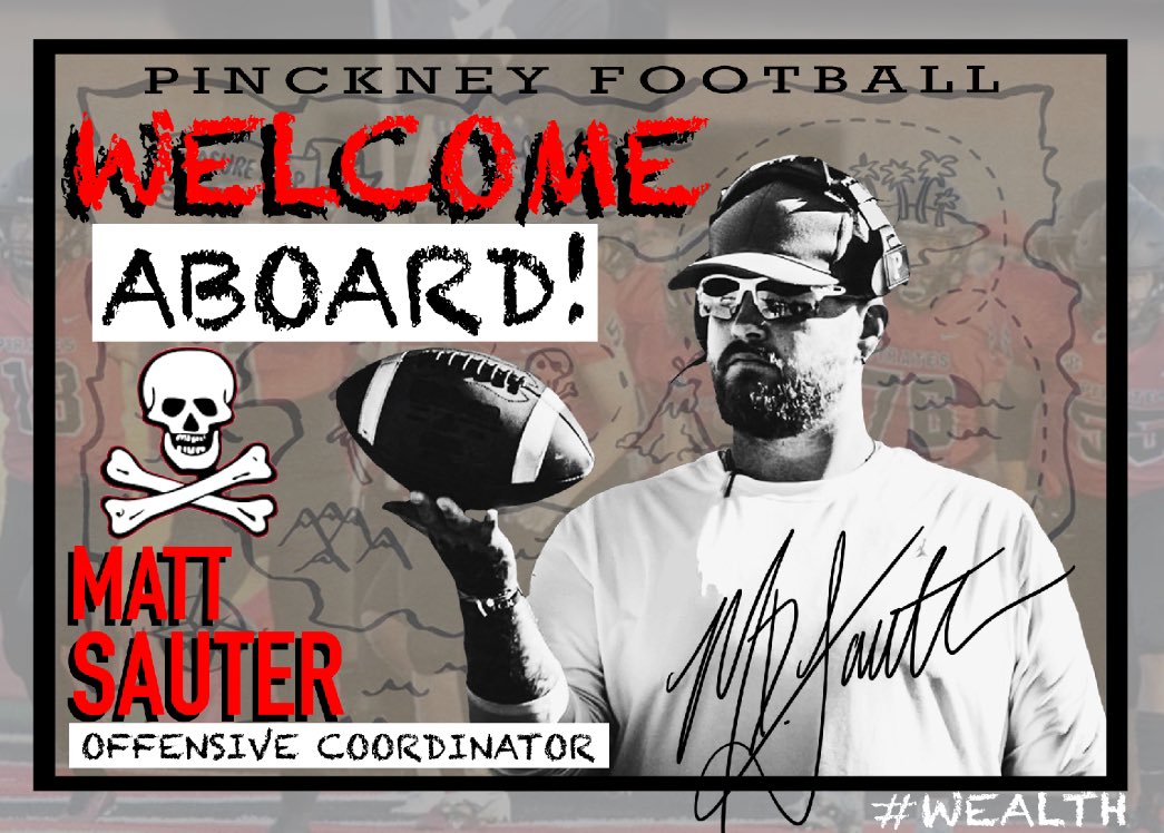 Coach_Saut3r's tweet photo. ☠️ IT’S OFFICIAL ☠️
I’m beyond honored and excited to announce that I’m officially the new Offensive Coordinator at PINCKNEY HIGH SCHOOL! I want to thank @CoachJCarp31 for making me feel at home and thank Pirate Nation for the overwhelming support during this process! Get the DAWG BONES READY! Time to get to work! @PirateFootball 
#WEALTH #DawgsOnly