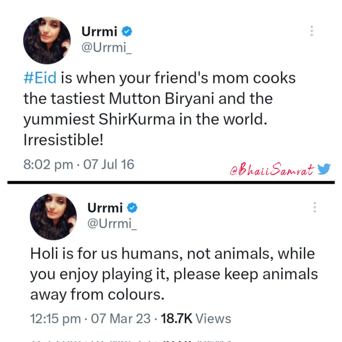 BhaiiSamrat's tweet photo. Eat animals on Eid, 
Save Animals on #Holi 🤡 https://t.co/9CT6x4woY1