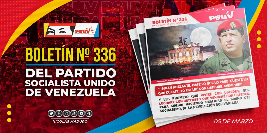La edición N° 336 del Boletín Informativo del PSUV está dedicada a nuestro Comandante Eterno. ¡Chávez somos todos y todas! Son 10 años en resistencia, lealtad, unión, lucha, batalla y victoria. ¡Chávez Vive, la Patria Sigue! ==> bit.ly/3Jh40cl