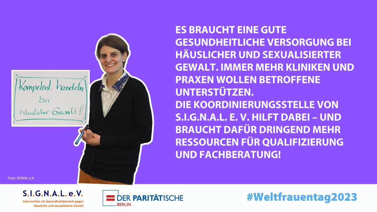 In Berlin sind mehr als 70 % der Opfer von häuslicher Gewalt Frauen. SIGNAL e. V. hilft Kliniken und Praxen bei der Unterstützung von Betroffenen. Sie brauchen dringend mehr Ressourcen für Qualifizierung und Fachberatung! #Weltfrauentag #gegengewaltanfrauen #häuslichegewalt