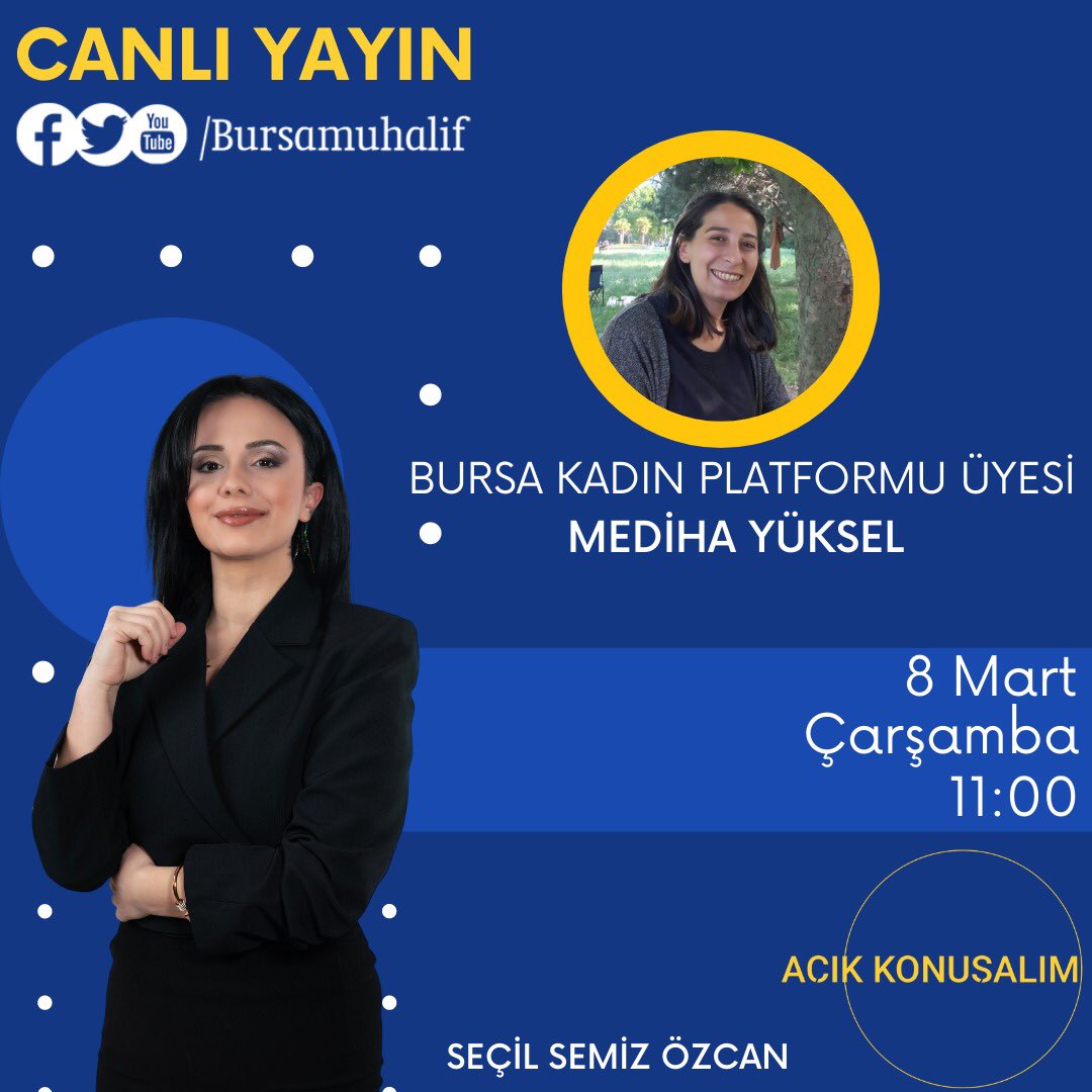 Bursa Kadın Platformu (@bursakadinp) on Twitter photo Platformumuzun bileşen üyelerinden Mediha Yüksel Yarın saat 11.00’da <a href="/BursaMuhalif/">BursaMuhalif Gazetesi</a>’in Seçil Temiz Özcan’ın sunduğu 8 Mart programına katılacaktır.
Sesimizi,yasımızı,isyanımızı yükselterek 8 Mart’ta yürüyoruz. Platformumuzun bileşen üyelerinden Mediha Yüksel Yarın saat 11.00’da <a href="/BursaMuhalif/">BursaMuhalif Gazetesi</a>’in Seçil Temiz Özcan’ın sunduğu 8 Mart programına katılacaktır.
Sesimizi,yasımızı,isyanımızı yükselterek 8 Mart’ta yürüyoruz.