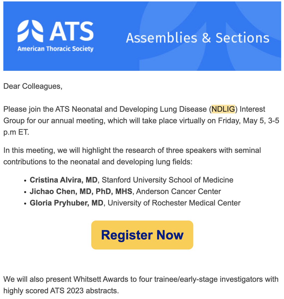 Congratulations to the NDLIG chairs: @premiepulmdoc @vitiellp 

This an excellent upcoming session for those interested in the neonatal and developing lung.