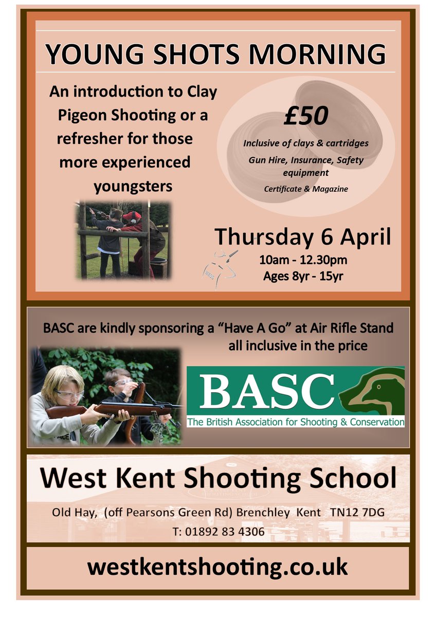 WestKentSS's tweet image. Easter holidays are fast approaching! Don&apos;t forget to book a space for your children on the Young Shots morning. BASC are also sponsoring a &apos;have a go&apos; Air rifle stand.. All included in the price!  #youngshots  #fundaysout
