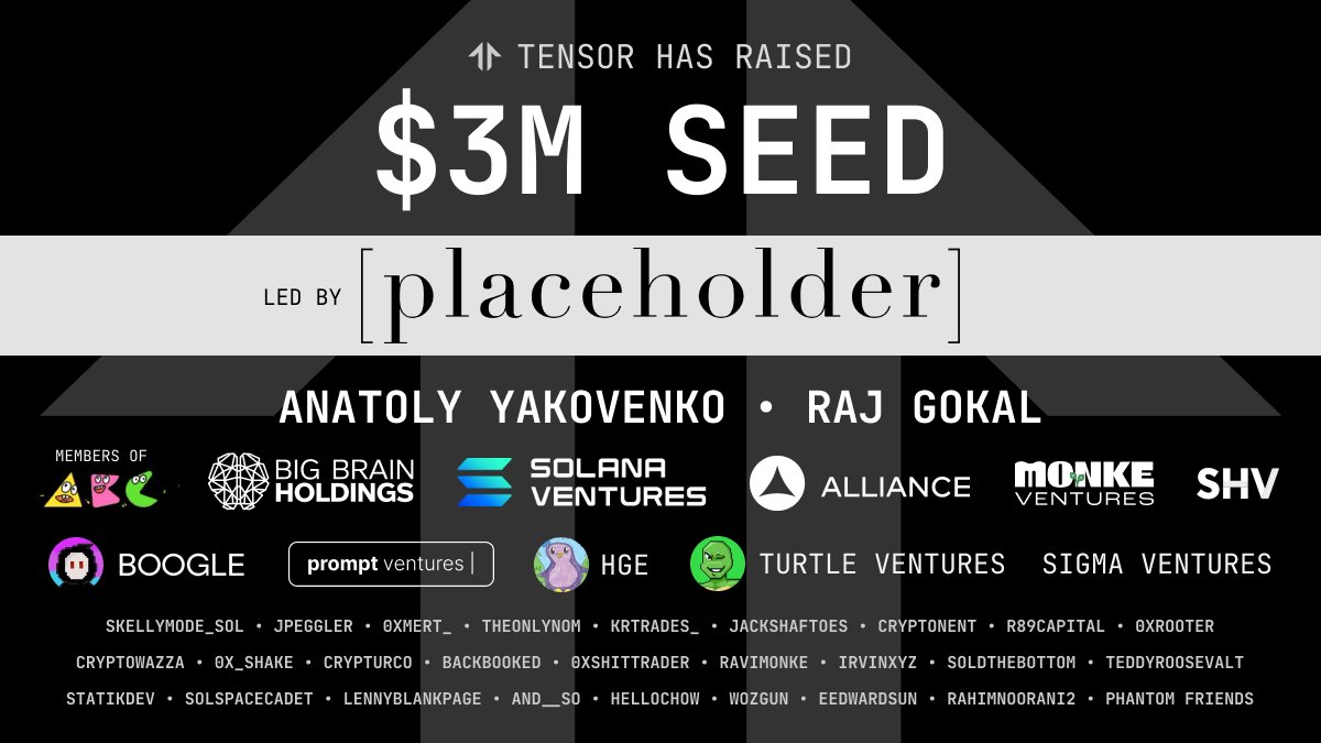 1/6 We're extremely excited to announce our $3m seed round led by @placeholdervc, with participation from @aeyakovenko, @rajgokal, @alliancedao, @SolanaVentures, @BigBrainVC, @HGESOL, @MonkeVentures, @ABCV3NTURES, @solBOOGLE and many other amazing funds/angels.