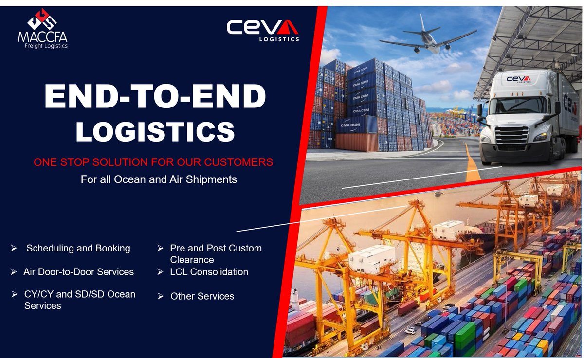 MACCFA – CEVA’s integrated #supplychain solution is providing you with end-to-end #logistics with our partner <a href="/CMACGM/">CMA CGM Group</a> to supply you with a logistics system that is #efficient, #sustainable, and without any disruptions.
Get a One-stop #solution for all your logistics needs now!