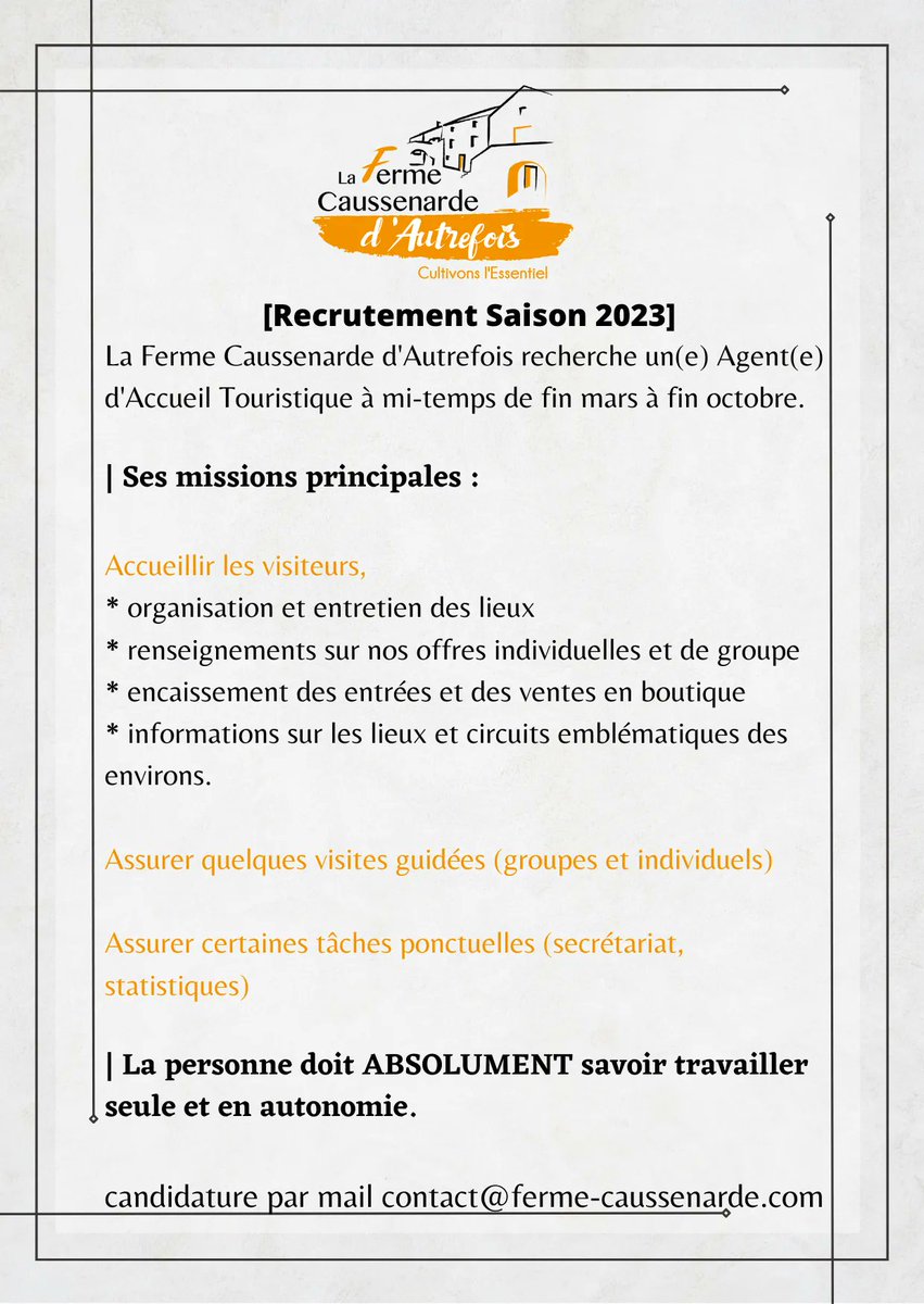 FCaussenarde's tweet photo. Vous recherchez un emploi à mi-temps, venez travailler à la Ferme Caussenarde d', Autrefois 👍.
#lozere #emploilozere #caussemejean #fermecaussenarde https://t.co/4mAz1fEkz6