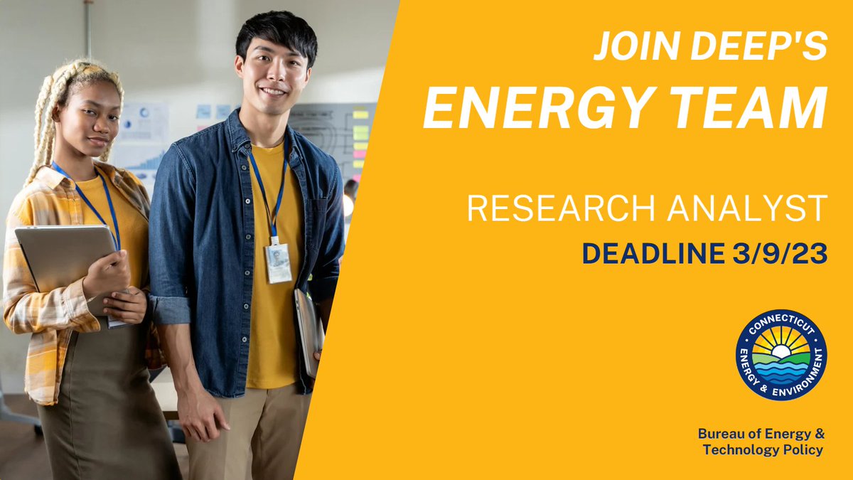 CTDEEPNews's tweet image. 🏁 The application deadline (3/9!) for the Research Analyst role in DEEP's Bureau of Information and Technology Policy is coming up FAST!

THIS?

✅Clean and affordable energy issues
✅Accessible broadband

THEN THIS 👇

▶JOIN THIS GROWING TEAM!

Apply: jobapscloud.com/CT/sup/bulprev…
