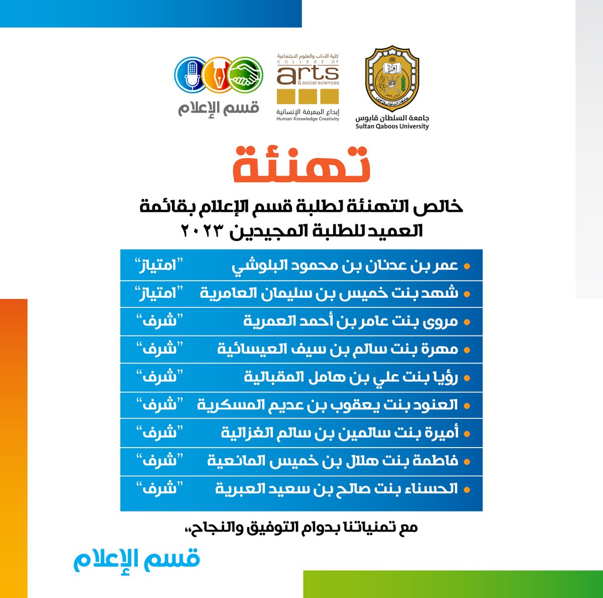 خالص التهنئة لطلبة قسم الإعلام بقائمة العميد للطلبة المجيدين ٢٠٢٣ 🌹🌹🌹⭐️⭐️⭐️🎉🎉🎉🎈🎈🎈😍😍😍🇴🇲🇴🇲🇴🇲