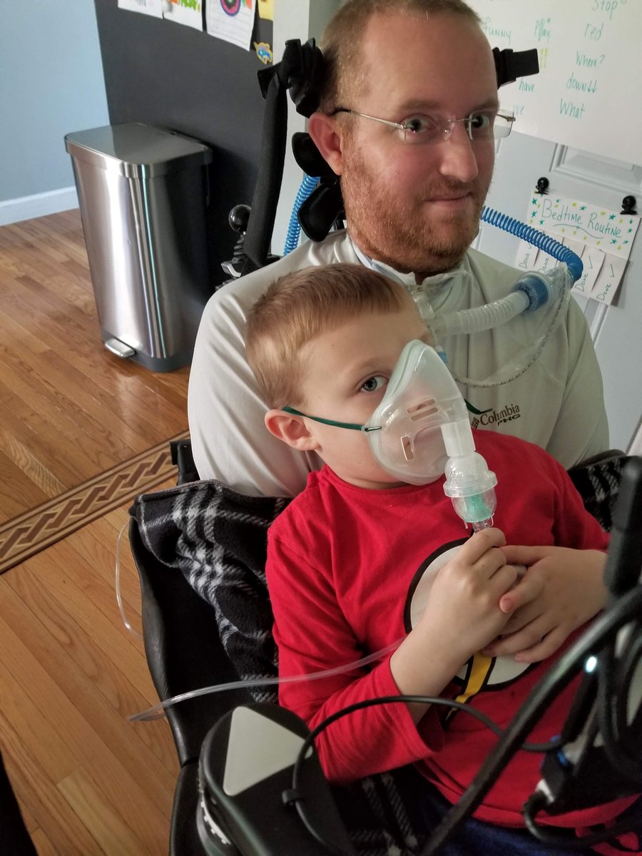 SethPoling10's tweet photo. My #DadGame compares to none. LOL
Liam is home congested, so he is getting a breathing treatment from my #VOCSN vent at the same time as me. My VOCSN (Ventilator, Oxygen, Cough Assist, Suction, Nebulizer) is 5 machines in 1.
T-Rex Ranch with my boy. #EndALS https://t.co/lJ5AUxpawT