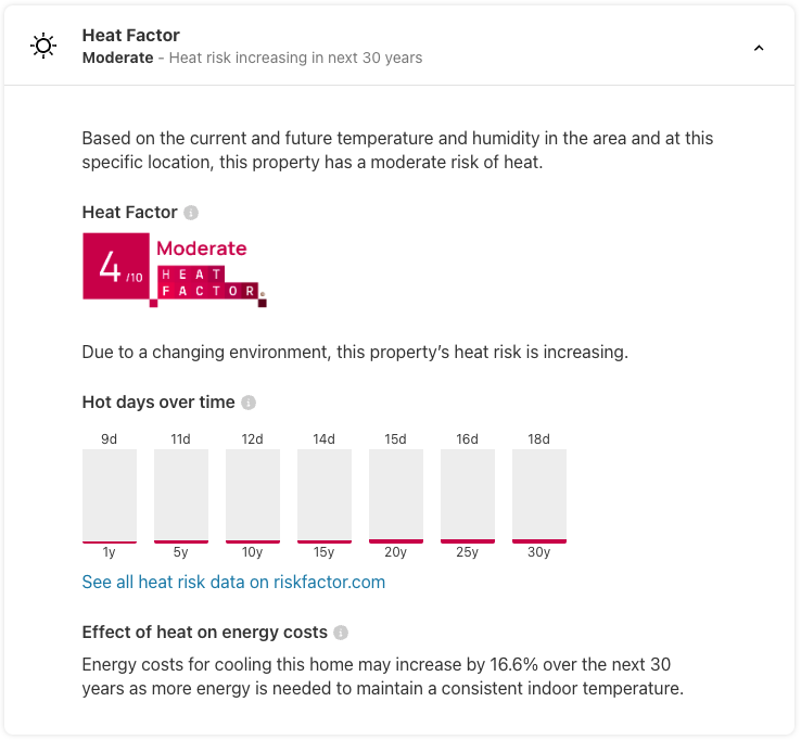 LauraALibby's tweet photo. Hey @Redfin - so cool to see fire risk and heat risk for listings on web, in addition to flood risk (+mobile soon I hope).

But I need to flag a data visualization issue. The graph here from a listing is virtually unintelligible. Y axis scale is way off, but that's not all... https://t.co/MYA9f6xDqX