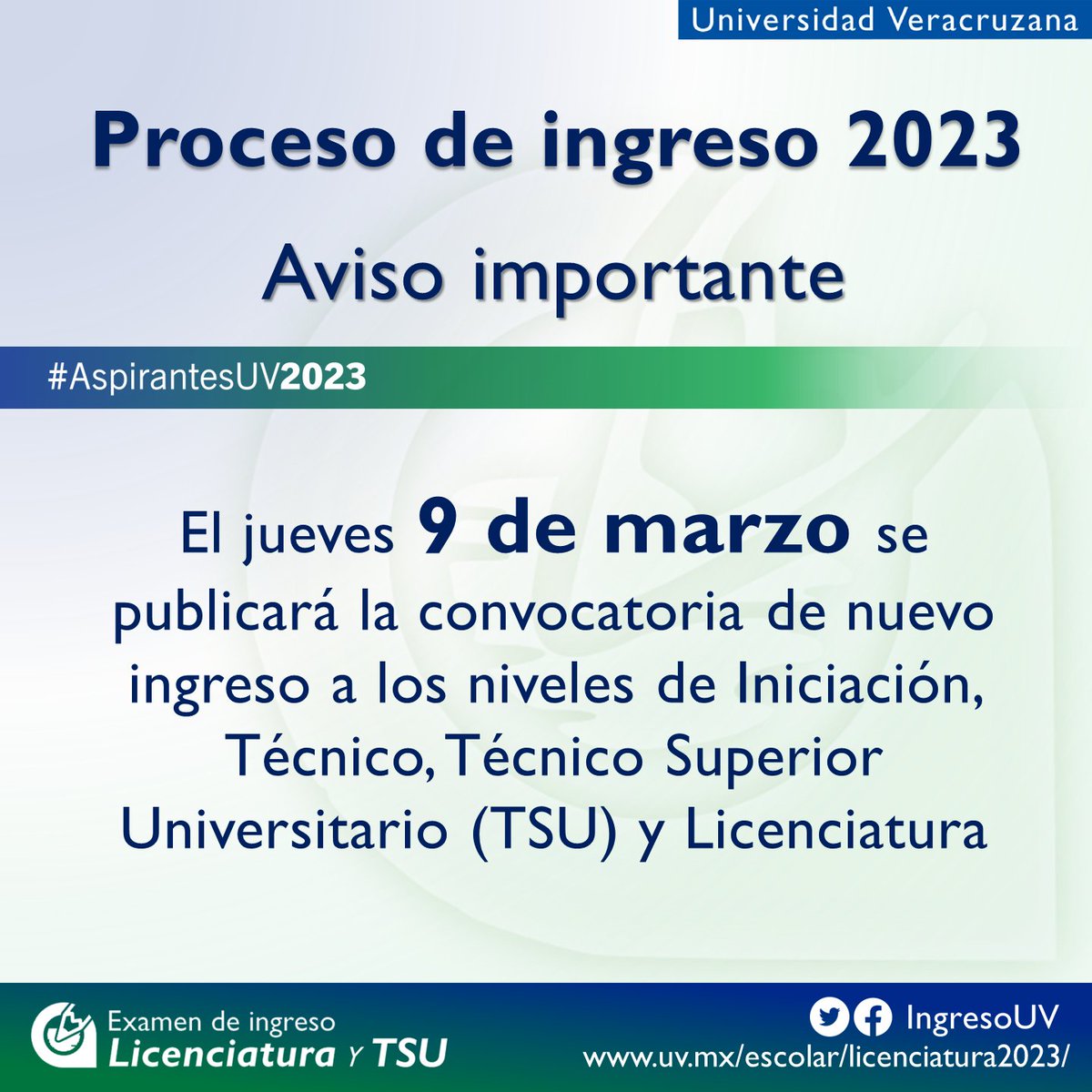 IngresoUV's tweet photo. #AspirantesUV2023
🟢 El próximo jueves 9 de marzo se dará a conocer la convocatoria de ingreso 2023.
#IngresoUV2023 #UV #Xalapa #Veracruz #Orizaba #Córdoba #PozaRica #Tuxpan #Coatza @SecAcUV @ComunicacionUV @LuzioUV @UV_Veracruz @UVoricordoba @UV_pozarica @ViceCoatza https://t.co/Mt9w2ihXK0