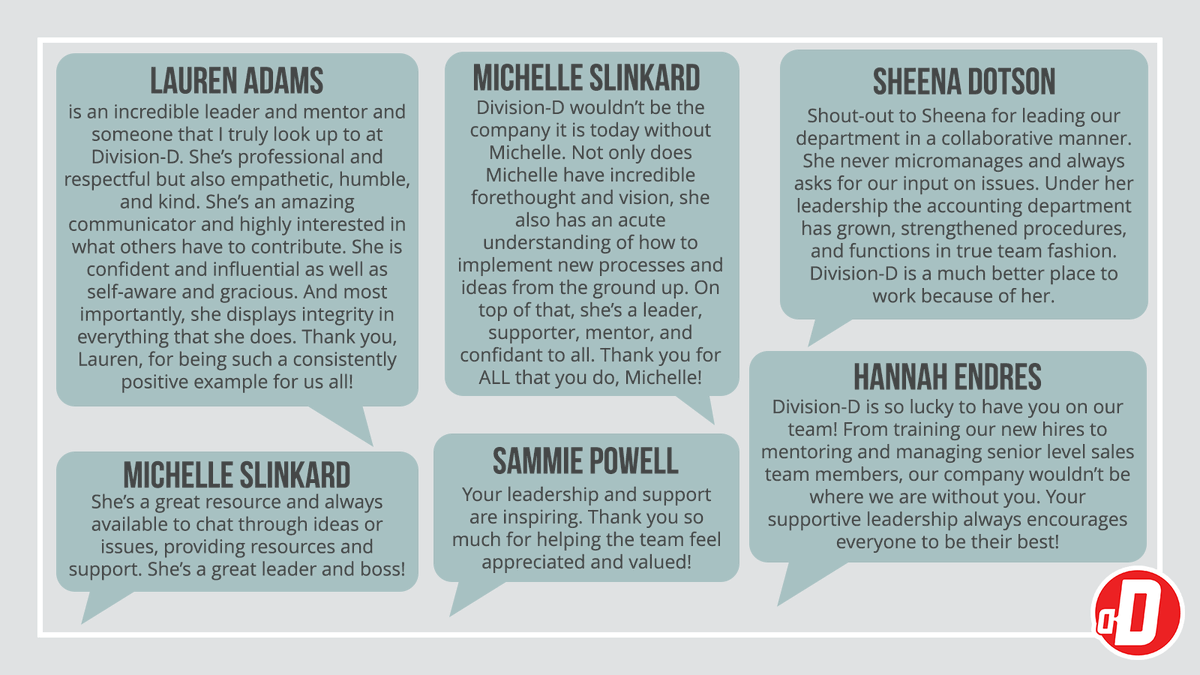 Division__d's tweet photo. It's International Women's Day!
We want to take a moment to share some employee shoutouts from the incredible women at Division-D. Your work never goes unnoticed!
Thank you for all that you do! π·
#ThisIsDivD #WomensHistory #InternationalWomensDay https://t.co/Cu8Mt7Fth8