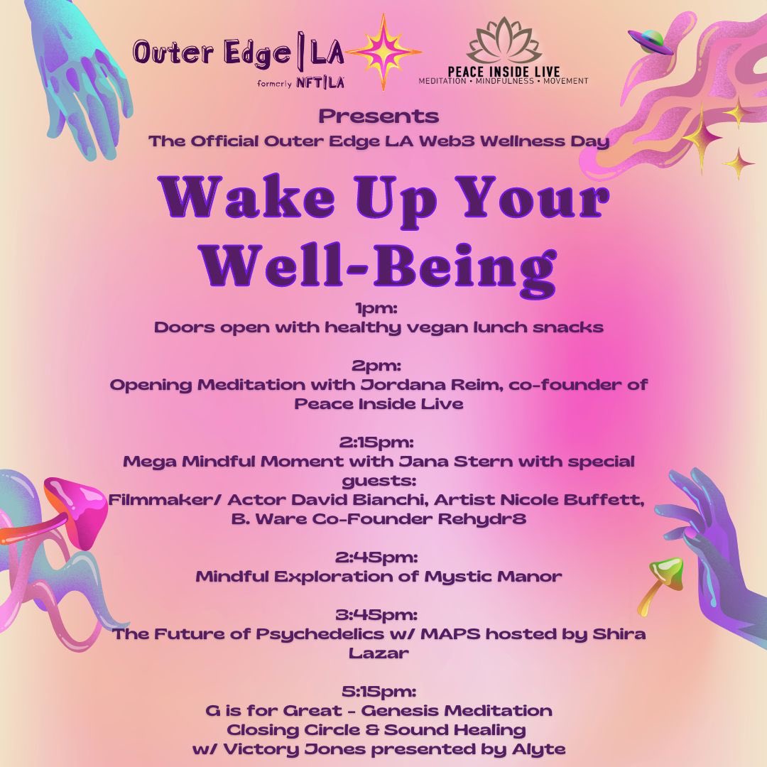 Schedule of events includes:
2pm meditation with our co-founder <a href="/JordanaR/">Jordana Reim</a> 
2:15 our Web3 Manager <a href="/janasternhealer/">𓂀Jana Stern𓂀✨</a> hosts Mega Mindful Moment with <a href="/davidbianchi/">DAVID BIANCHI</a> <a href="/BuffettNicole/">Nicole Buffett</a> &amp; <a href="/trillblackyogi/">B Ware</a> 
3:45 our co-founder <a href="/shiralazar/">Shira Lazar (she/her) 📍Los Angeles, CA</a> hosts a chat with <a href="/MAPS/">MAPS</a> on the Future of Psychedelics