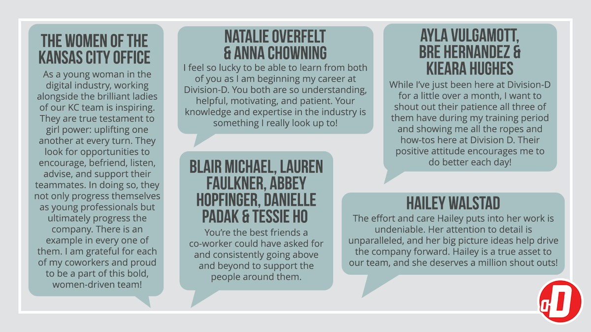 Division__d's tweet photo. It's International Women's Day!
We want to take a moment to share some employee shoutouts from the incredible women at Division-D. Your work never goes unnoticed!
Thank you for all that you do! π·
#ThisIsDivD #WomensHistory #InternationalWomensDay https://t.co/Cu8Mt7Fth8