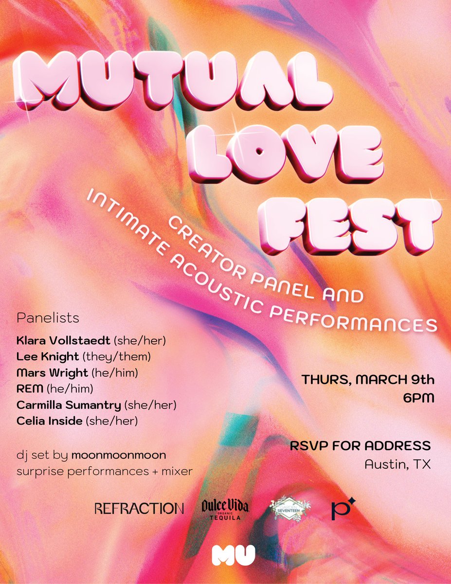 Mutual Love | Queer Wellness & Community (@mutual__love) on Twitter photo Mutual Love Fest Day 1 is just two days away!! 🤯so excited for the panel - mod by <a href="/celiainside/">celia inside</a> w <a href="/kvollstaedt/">Klara Vollstaedt</a> <a href="/AKewlBreeze/">Lee FKA-Breana Knight</a> Mars Wright @rem_cycles <a href="/CarmillaEtc/">Carmilla</a>. We have beautiful plant decor, a funky photo booth, and a dj set planned. Join the waitlist: partiful.com/e/HoG8dBJI9sgz… Mutual Love Fest Day 1 is just two days away!! 🤯so excited for the panel - mod by <a href="/celiainside/">celia inside</a> w <a href="/kvollstaedt/">Klara Vollstaedt</a> <a href="/AKewlBreeze/">Lee FKA-Breana Knight</a> Mars Wright @rem_cycles <a href="/CarmillaEtc/">Carmilla</a>. We have beautiful plant decor, a funky photo booth, and a dj set planned. Join the waitlist: partiful.com/e/HoG8dBJI9sgz…