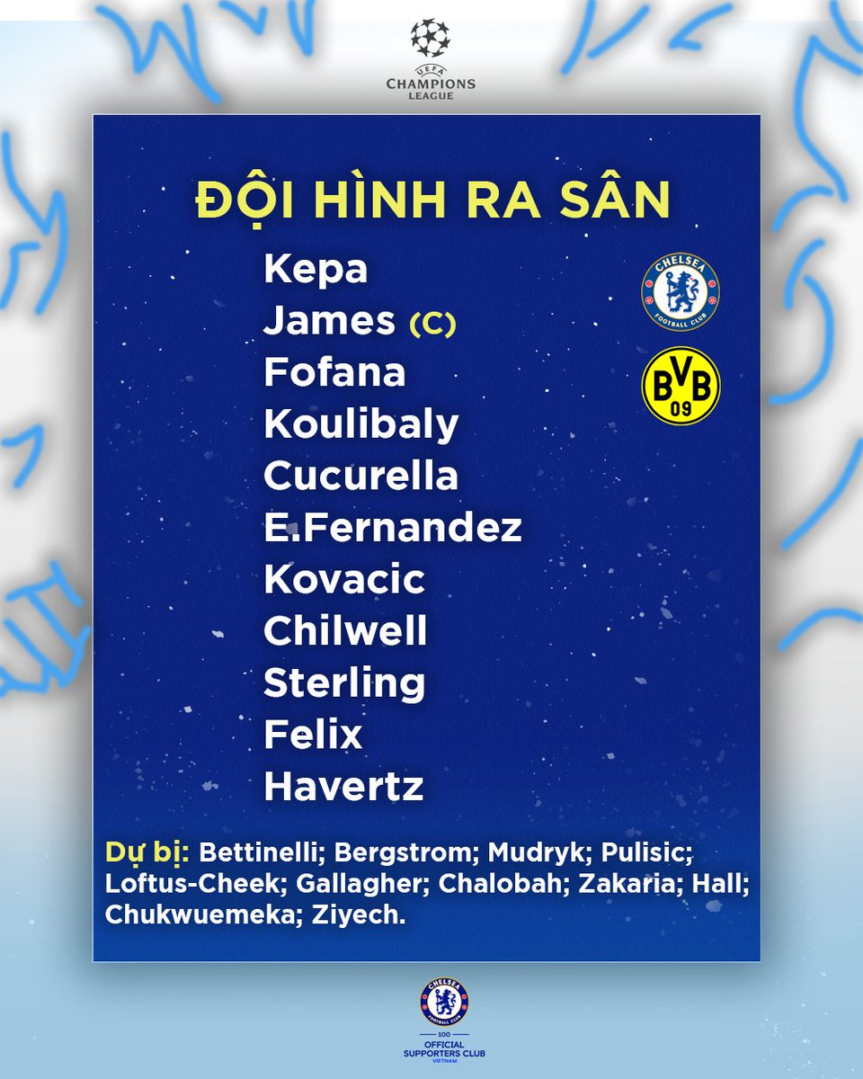 CFCVietNam07's tweet image. ĐỘI HÌNH XUẤT PHÁT CỦA TRẬN  CHELSEA VS BORUSSIA DORTMUND - VÒNG 1/8 CHAMPIONS LEAGUE MÙA 22/23.

Dự bị: Bettinelli, Bergstrom, Pulisic, Loftus-Cheek, Chalobah, Mudryk, Zakaria, Ziyech, Gallagher, Chukwuemeka, Hall

#CHEBOR
#UCL