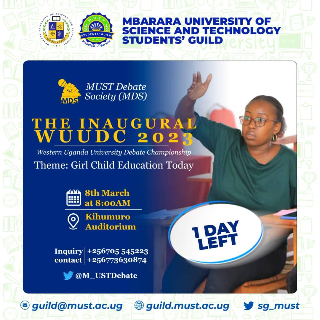 We are just counting down hours to the Western Uganda University Women's Day Debate Championship.

It's the biggest Women's Day Celebration happening tomorrow at the MUST Kihumuro campus.

The theme of the day is "GIRL CHILD EDUCATION TODAY"

Kindly Be there!