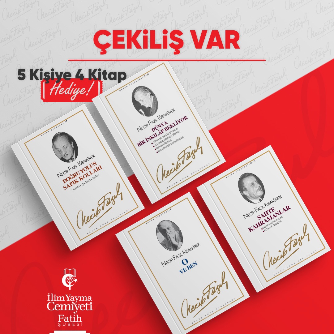 Büyük Doğu Mimarı Üstad Necip Fazıl Kısakürek'in 4 eserini 5 arkadaşımıza #Çekiliş ile hediye ediyoruz.

Koşullar;

📌Sayfamızı takip etmek
📌Tweeti RT etmek

Son gün 14 Mart 2023📢

#çekiliş #kitap #kitapçekilişi #çekilişvar #nfk #necipfazılkısakürek #necipfazıl