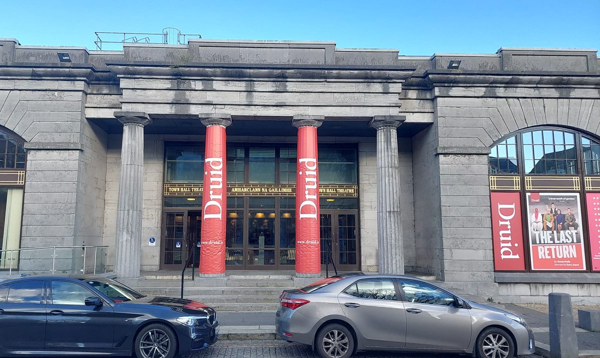 DruidTheatre's tweet photo. Well you can't miss us anyway! We're across the windows and now the pillars too at @THTG 😅

#TheLastReturn starts tomorrow, tickets selling fast, best availability Saturday 2.30pm: https://t.co/RRiCnxT8Rw https://t.co/UxWzwUnTMr