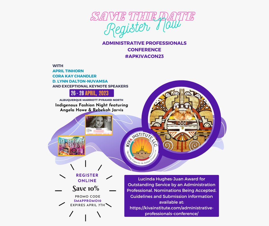 KIVAInstitute's tweet photo. KIVA's Administrative Professionals Conference brings together office professionals from across Indian Country. The sessions are designed for those who work for and with native organizations. Save your spot today!
https://t.co/sq199YtfG3 https://t.co/g2vEjeReh5