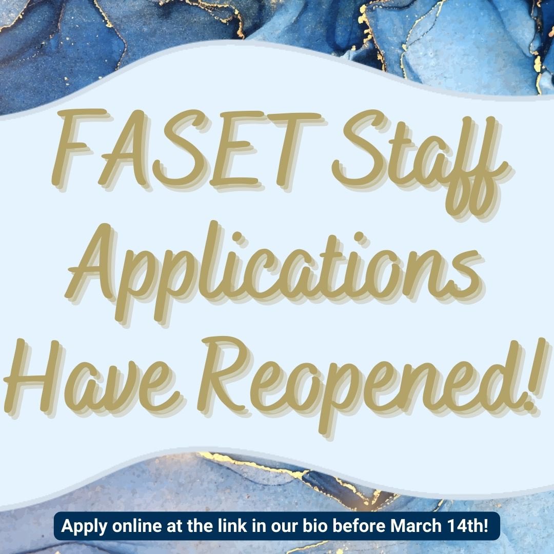 Exciting News: FASET Staff applications are open! 

Missed the deadline before? Apply before March 14th at the link in our bio for another chance at a fun and rewarding summer!!