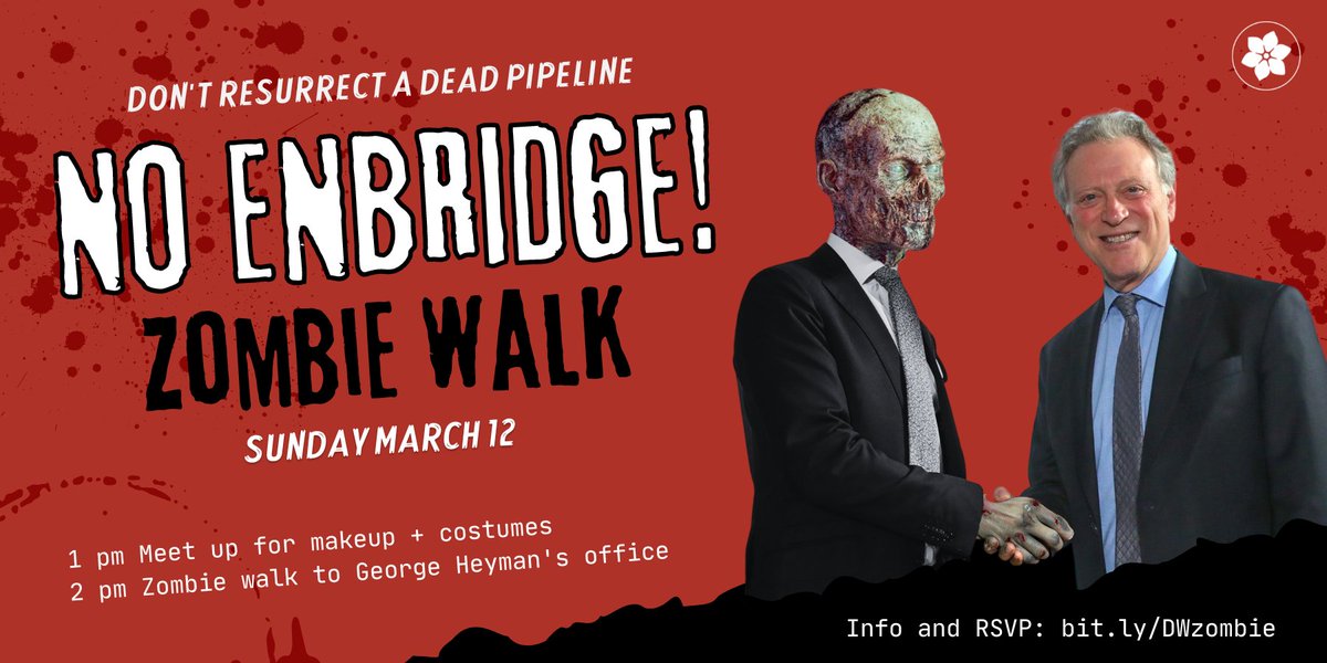 Will you join the ranks of the #undead and take a stand against the #pipeline that threatens our province? On Sunday, March 12, join the Zombie Walk to call for #ClimateJustice, not a fossil fuel apocalypse! RSVP here: bit.ly/DWzombie