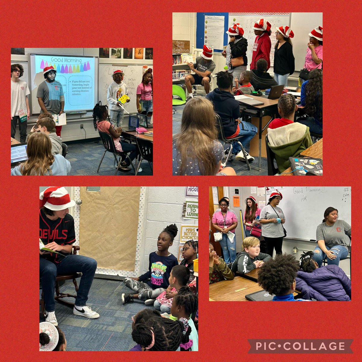 CHS_CFAlibrary's tweet photo. The Red Devil Reads Book Club had fun celebrating Read Across America at Sherwood Elementary! @SESLions @CentralRedDevil https://t.co/Y5GSgcZ0M4