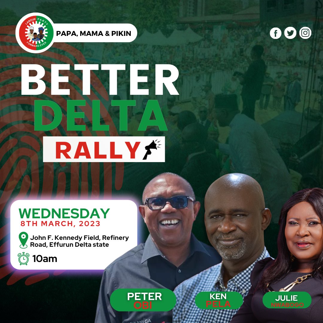 KKenPela's tweet photo. Deltans,
Join us at #abetterDeltaRally tomorrow at John F. Kennedy field, Refinery Road, Effurun Delta as we welcome H.E @PeterObi
A better Delta is POssible
#DeltaisObidient #Kenethicallyobidient https://t.co/ND1EFv906s